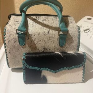 New Turquoise Accent Cowhide Satchel and Wallet Set